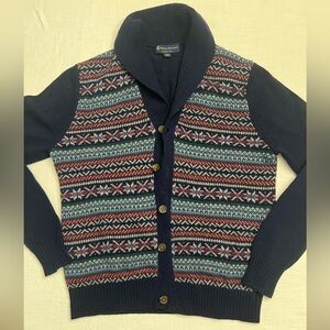 Brooks Brothers MERINO WOOL Navy and Red Patterned Cardigan
